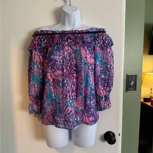 Lilly Pulitzer Off-Shoulder Beach Print Women’s Top in Pink & Purple